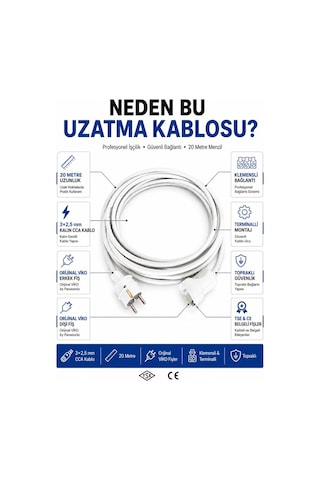 Viko Seyyar Uzatma Kablosu 20 Metre 3x2.5 Mm Cca Kablo Viko Erkek Dişi Fiş Klemensli Terminalli Topraklı Tse Ce Belgeli 20 M
