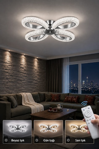 Yagmur 4lu Avize 3 Renk Led Isıklı Kumandalı Salon Avize Oturma Odası Avize Krom