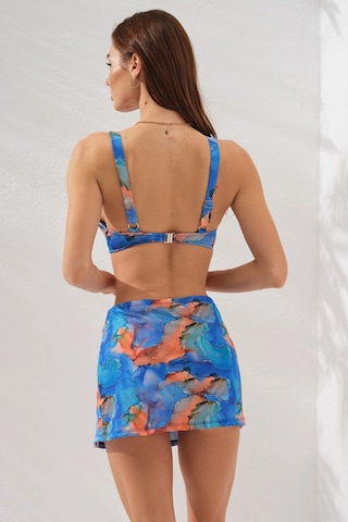 Pierre Cardin 3'lü Mavi Fra Batik Desenli Mini Yırtmaçlı Etek Bikini Takımı Üçgen Askılı Pedli Toparlayıcı