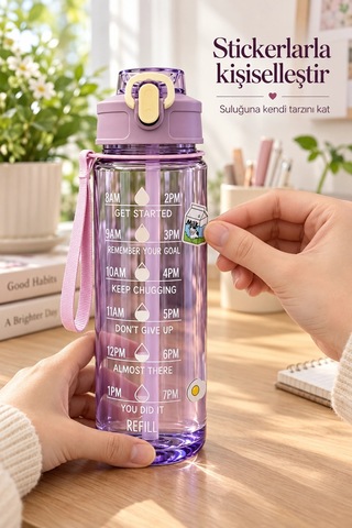 Madamev 3lü Motivasyonel Suluk Matara Seti 2000+750+280ml Pipetli Sticker Askılı Spor Okul Su Şişesi Mor
