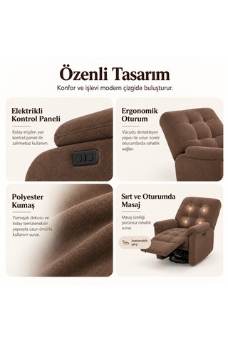 Smarto Relax Porto Masajlı Elektrikli Döner Sallanan Tv Koltuğu Kontrol Panelli Ergonomik Polyester Baba Koltuğu Kahverengi