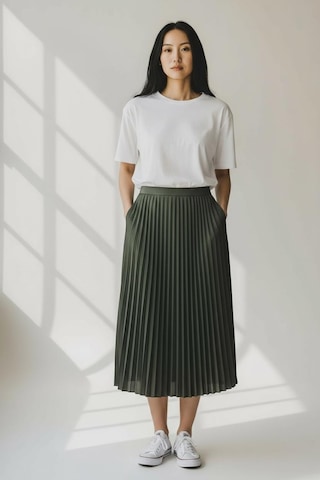 Pileli Pamuklu Dokuma Viskon Kışlık Etek 95 Cm - 38-48 Haki