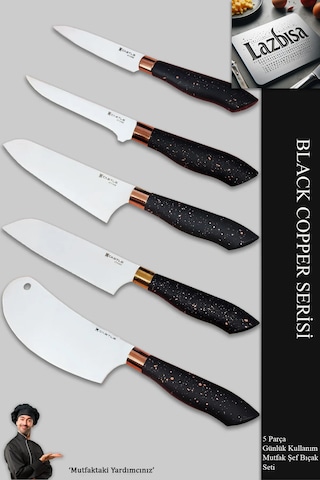 Black Copper Serisi Mutfak Bıçak Et Sebze 5 Li Şef Bıçağı Mft-568 Siyah