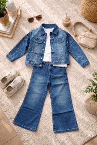 Uğur Bebe Kız Çocuk Kot Takım Taşlı Denim Kot Ceket Jean Pantolon Tişört 3 Lü Kombin Şık Trend Bayramlık Mavi Mavi