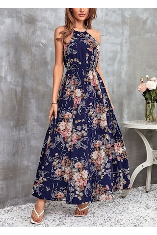Kadın Açık Omuz Halter Yaka Beli Lastikli Büzgü Detay Önden Yırtmaçlı Çiçek Desenli Süprem Elbise Lacivert