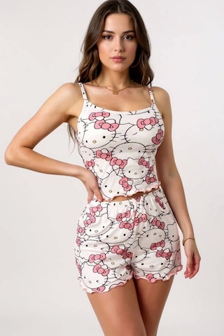 Hello Kitty Baskılı Askılı Şortlu Pijama Takımı Pembe