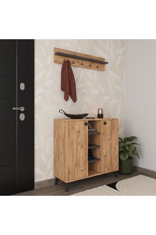 Albena 2 Kapaklı Ayakkabılık, Vestiyer, Portmanto, Askılık, 90 Cm , Atlantik Çam - Antrasit Atlantik Çam - Antrasit