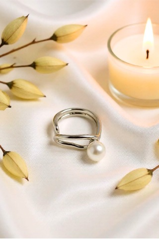 İncili Gümüş Renkli Ayarlanabilir Luna Çelik Yüzük Gümüş