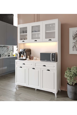 Guneystore Luna Kahve Köşesi - Mdf - 140 Cm - Ayaklı -beyaz Mutfak Dolabı - Led Aydınlatmalı Beyaz