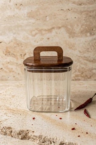 Atbyhome Akasya Saplı Cam Kavanoz 700 Ml - Vakumlu Çizgili Cam Baharatlık Kahve Ve Bakliyat Kabı Kahverengi