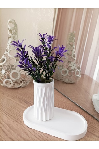 Mini Desenli Beton Saksı Tekli Ve Oval Tabak - Yapay Çiçek Hediyeli - Mor