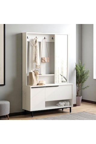 Robin Home Portmanto Vestiyer Ayakkabılık Aynalı Metal Ayaklı Beyaz Beyaz