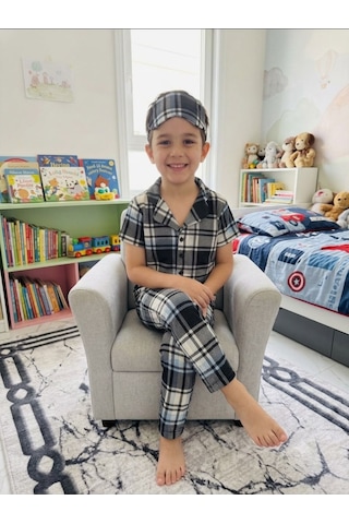 Aliş Kids Erkek Çocuk Pamuklu Gri Ekose Desenli Kısa Kollu Gömlek Yaka Düğmeli Yazlık Pijama Takımı
