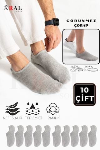 Kral Socks Kadın - Erkek Pamuklu Terletmez 10'lu - 10 Çift Yazlık Görünmez Çorap Gri