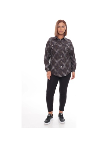 Lady Majestic Taşlı Büyük Beden Ekose Gömlek 44-58 Beden Kahverengi