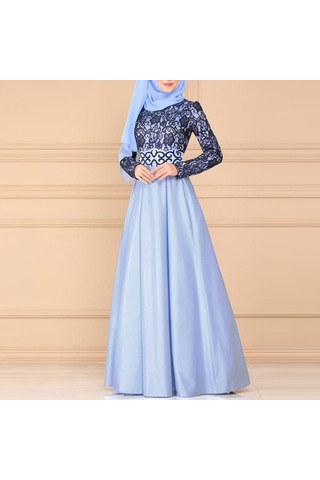 Sones Dantel Dikiş Retro Büyük Salıncak Elbise Etnik Stil Uzun Kollu İnce Elbise Mavi