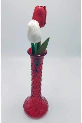 El Yapımı Kırmızı Renk Baklava Model Cam Karanfillik 25cm