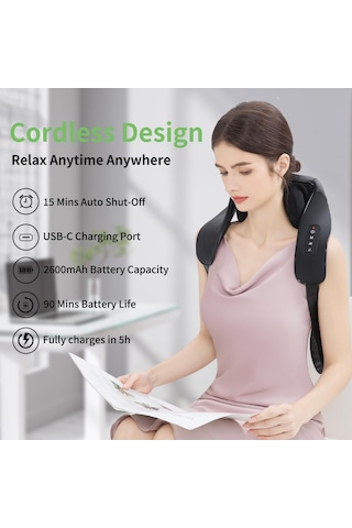 Isıtmalı Kablosuz Boyun Ve Sırt Masajı, 2600mah Şarj Edilebilir Derin Doku 4d Boyun Masajı, Omuz, Bacak, Vücut Kas Ağrısını Gidermek İçin Shiatsu Masaj Yastığı