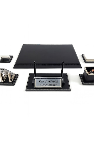 Melen Lüks Siyah Ahşap-deri Sümen Takımı Masa İsimlikli 6 Parça