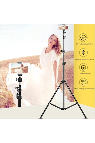 Bluetooth Kumandalı Metal Tripod, 2 Metre Ayarlanabilir Yükseklik, 360 Derece Döner Başlıklı Telefon Tutucu, Video Diğer