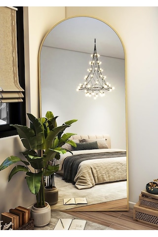 Zer 180x66 Kemerli Zemin Aynası,tam Boy Aynalı Duvar Aynası, Yatak Odası, Giyinme Odası İçin Standlı Gold