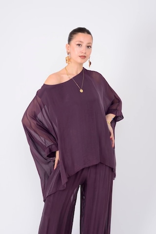 Bohem Stil İtalyan Yarasa Kol İpek Bluz & Pantolon Takım-8767 Mürdüm