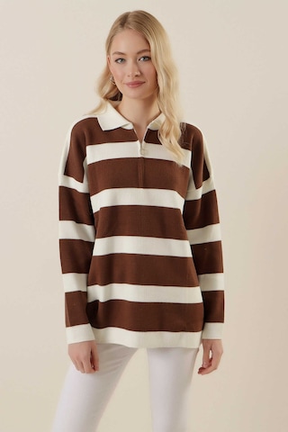 Gabria Fermuarlı Çizgili Kazak Kahverengi