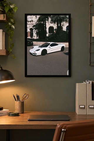 Beyaz Spor Otomobil Desenli Dekoratif Mdf Tablo, Çerçeve Görünümlü Ahşap Poster