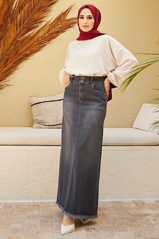 Neways 2252-Eteği Püsküllü Denim Etek Koyu Gri