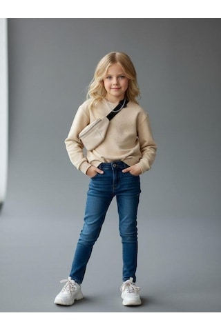 Kız Çocuk Pamuklu Taşlı Sweatshirt-16747 KREM