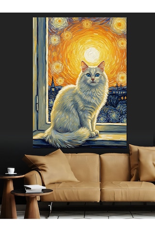 Van Gogh Stili Pencereden Bakan Beyaz Kedi Dekoratif Kanvas - Mdf Ahşap Tablo