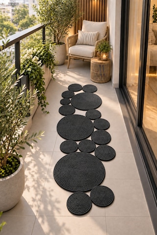 Bohem Asimetrik Jüt El Yapımı Yuvarlak Detaylı Jüt Hasır Görünümlü Dekoratif Kilim, Organik Form Modern Banyo Mutfak Koridor Halı Kilim Paspas Doğal Tasarım Siyah 934606952 Siyah