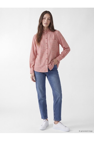 Lcw Modest Kırmızı Hakim Yaka Ekose Oversize Kadın Gömlek