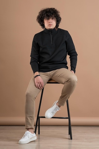 Fermuar Yaka Yarım Balıkçı Likralı Erkek Sweatshirt Siyah
