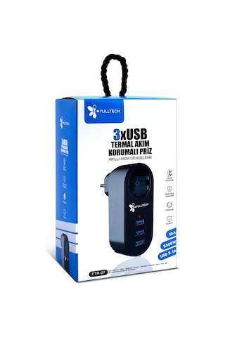 Fulltech FTR-07 3xUSB Akıllı Termal Akım Korumalı Priz Siyah