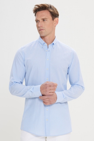 AC&Co / Altınyıldız Classics Erkek Beyaz - Mavi Comfort Fit Rahat Kesim Düğmeli Yaka Pamuklu Kareli Gömlek Beyaz - Mavi