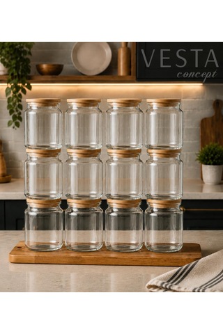 12 Adet Hava Geçirmez Doğal Bambu Kapaklı Cam Kavanoz Seti - 920 Ml Çok Renkli