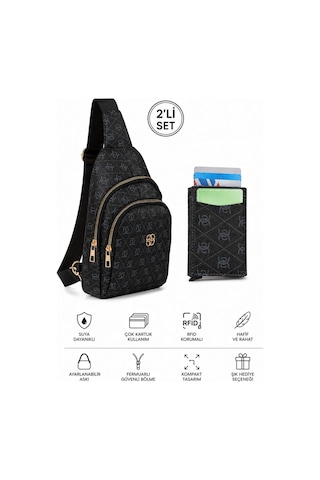 Newish Polo Kadın Deri Monogram Desenli Çapraz Bel Göğüs Ve Omuz Çantası New218 Siyah 35823177