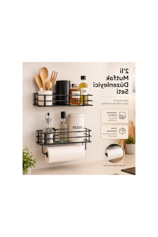 Alper Banyo 2 Li Yapışkanlı Siyah Mutfak Organizer Seti, Metal Baharatlık Ve Yağlık Raf, Kağıt Havluluklu Alt Raf, Delmeden Kolay Kurulumlu Mutfak Düzenleyici 7009
