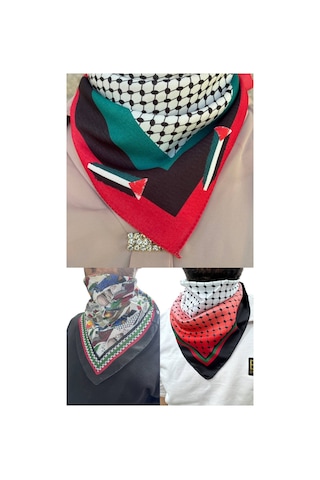 Aldaıyr 3 Adetfilistin Temalı Fular 50x50 Unisex Günlük Kullanıma Uygun Puşi Şal Kefiye Filistin Çok Renkli U