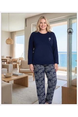 Melodi Kadın Büyük Beden %100 Pamuk Bisiklet Yaka Uzun Kollu Baharlık Pijama Takımı 17149 - 1 Adet Lacivert