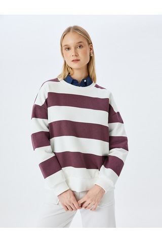 Koton Bisiklet Yaka Renk Bloklu Uzun Kollu Şardonlu Oversize Sweatshirt Bordo Çizgili 5wal10834ık Bordo