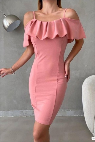 Lior Design Kadın Sade Madonna Yaka Volanlı Abiye Elbise Pudra