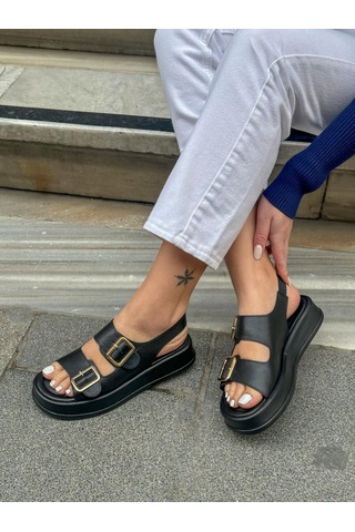 Erva'nın Butiği Siyah Cilt Jenny Gold Toka Detay Kadın Sandalet-5745