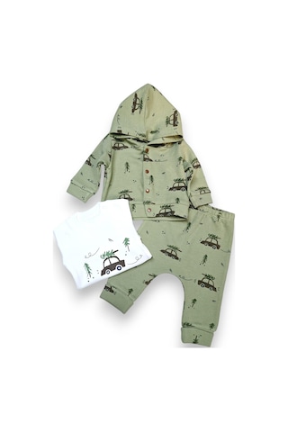 Araba Desenli Hırkalı Erkek Bebek Takım Yeşil