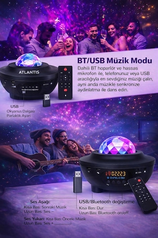 Samsung Uyumlu Galaxy Cover Projektör Bluetooth Hoperlör Sese Duyarlı Disko Parti Gece Lambası Tavan Aydınlatıcı