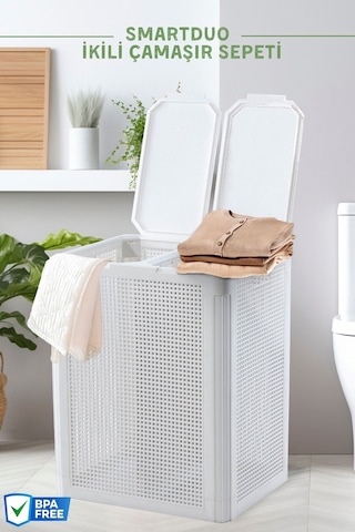 Smartduo İki Bölmeli Çamaşır Sepeti 84lt. Beyaz