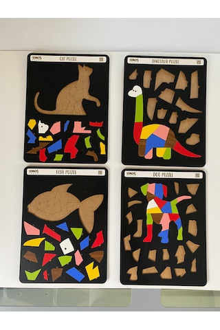 Dinozor, Kedi, Köpek Ve Balık Sevimli Hayvanlar Puzzle 4'Lü Set