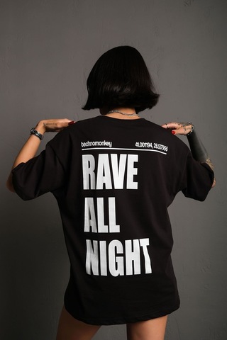 Technomonkey Unisex Siyah Oversize Rave All Night Baskılı Tişört