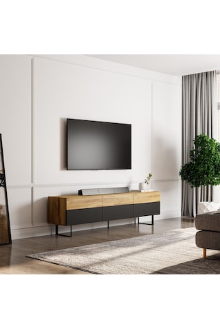 Sign Kapaklı Tv Ünitesi, Tv Sehpası - Metal Ayak - Gri/traverten - Siyah/kilim Siyah/kilim